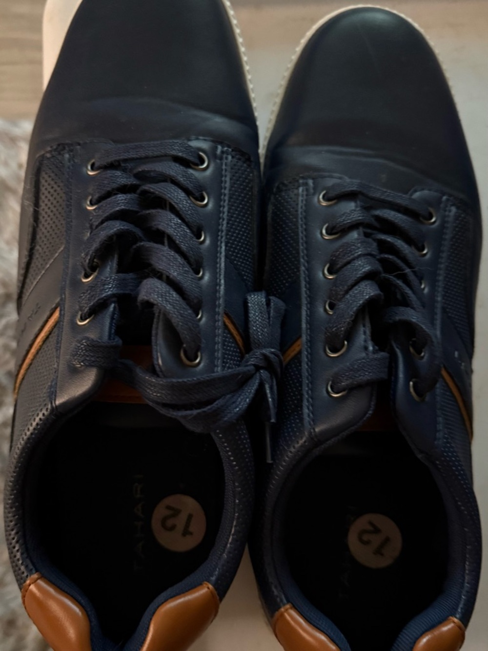 Tahari Navy Lace-Up Sneakers with Brown Trim